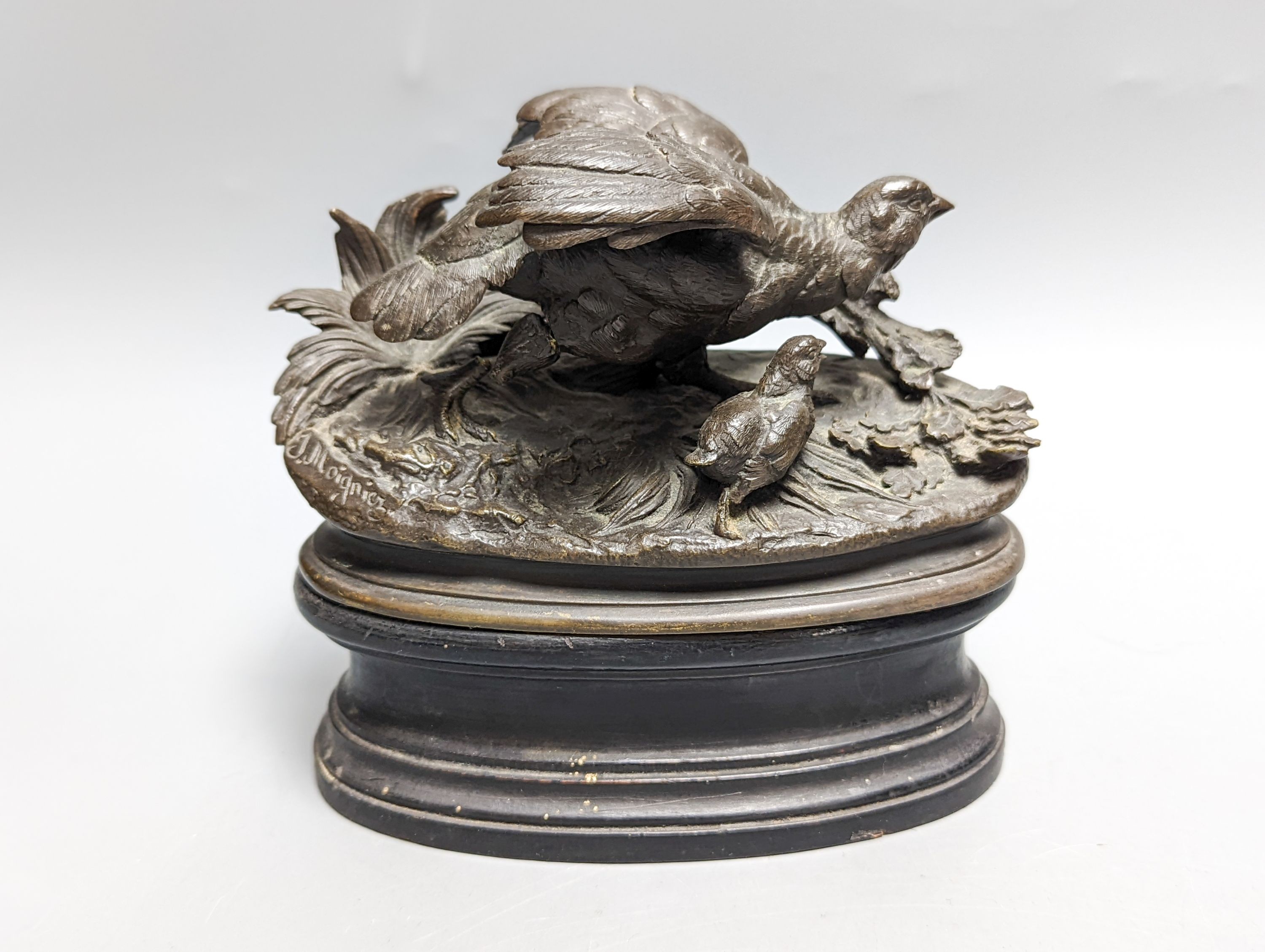 After Moigniez, a pair of early 20th century bronze bird groups of pheasants and partridges 18cm